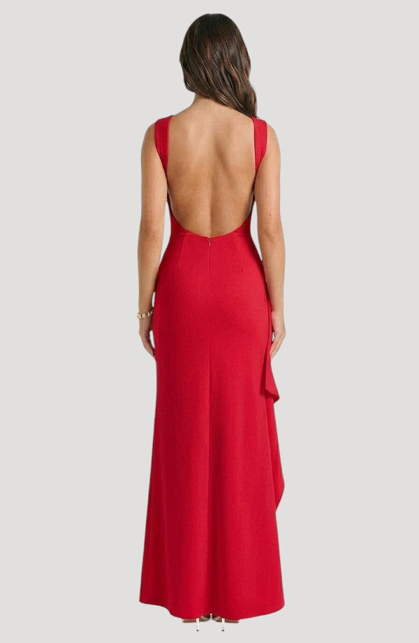 LORVENES red sleeveless floor-length formal evening gown with a low open back and a subtle ruffle detail on the side.