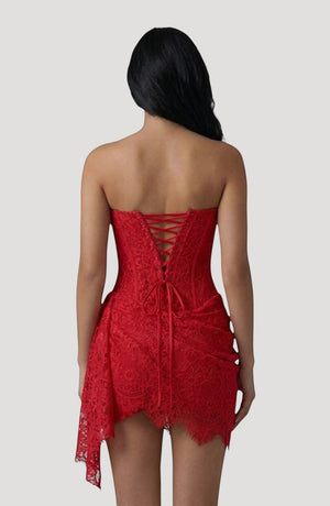 LORVENES red lace corset mini dress with lace-up back and asymmetrical hem. Perfect for formal evenings.