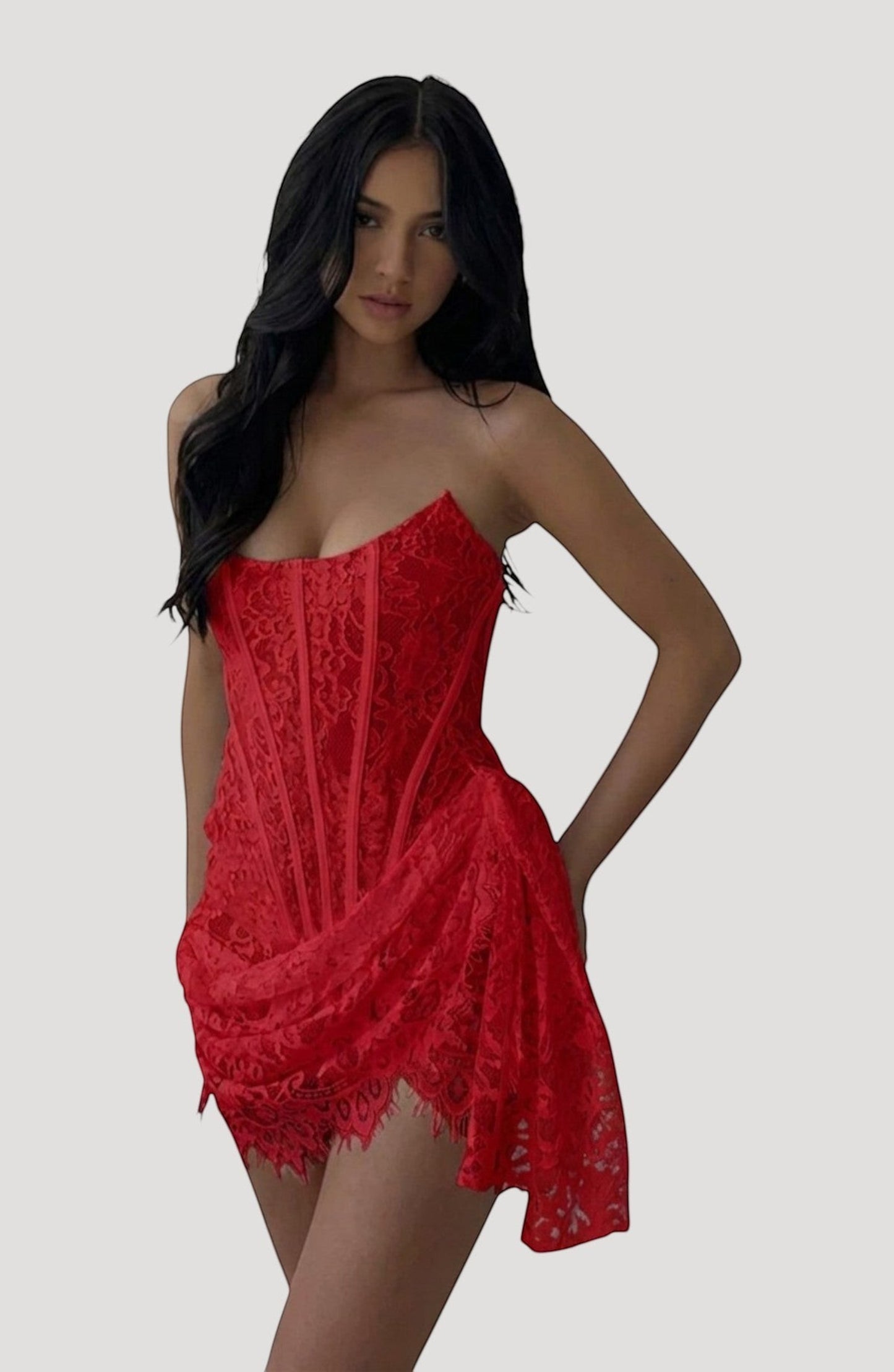 LORVENES red lace corset mini dress with draped skirt and scalloped hem