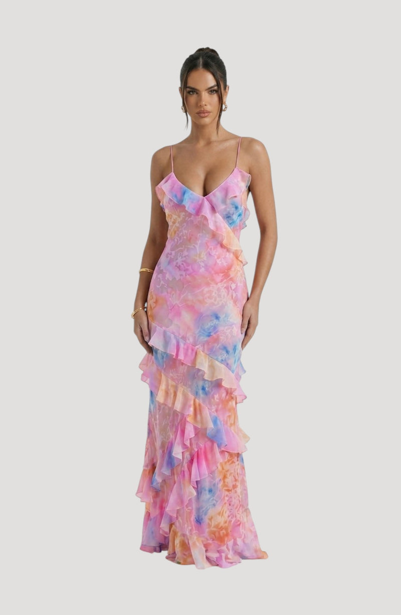 LORVENES multi-colored satin maxi dress with ruffles and spaghetti straps, featuring a tie-dye print.