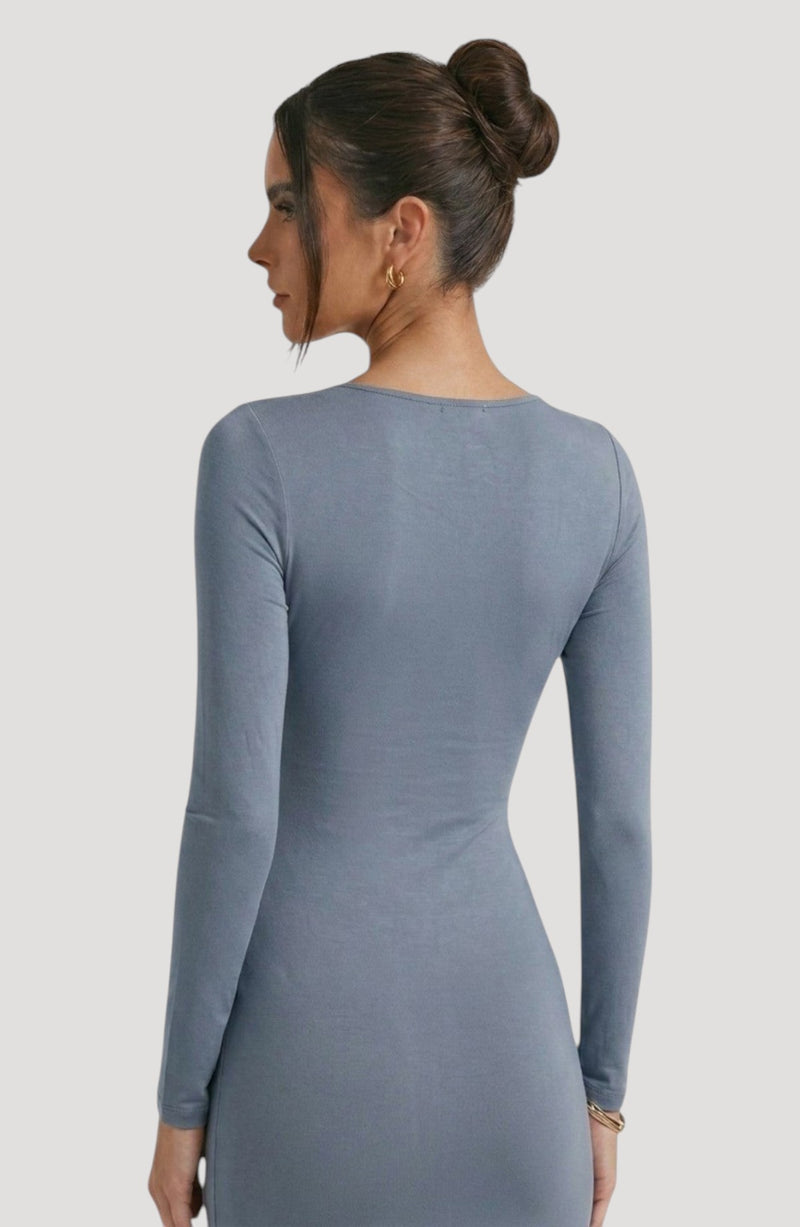 LORVENE Bold Shine Dress in slate grey, a long-sleeved midi dress with a flattering fit and subtle sheen.