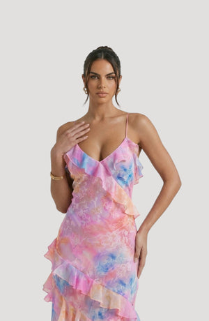 LORVENES pink, blue, and orange tie-dye satin midi dress with ruffles and spaghetti straps.