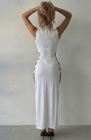LORVENE white sleeveless maxi dress with cut-out sides and a high neckline, designed for evening wear.