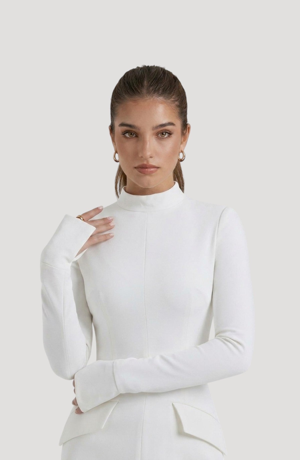 LORVENES white long-sleeve mock neck mini dress with flattering fit and subtle shimmer details.