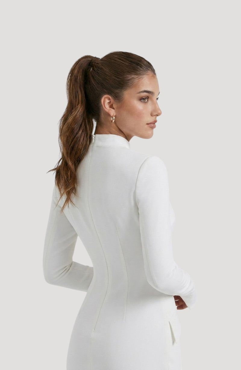 LORVENES white long-sleeve diamond party dress with a high neckline, designed for a flattering fit and comfortable movement.