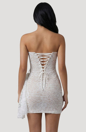 LORVENES white lace corset mini dress with lace-up back detail and asymmetrical hem