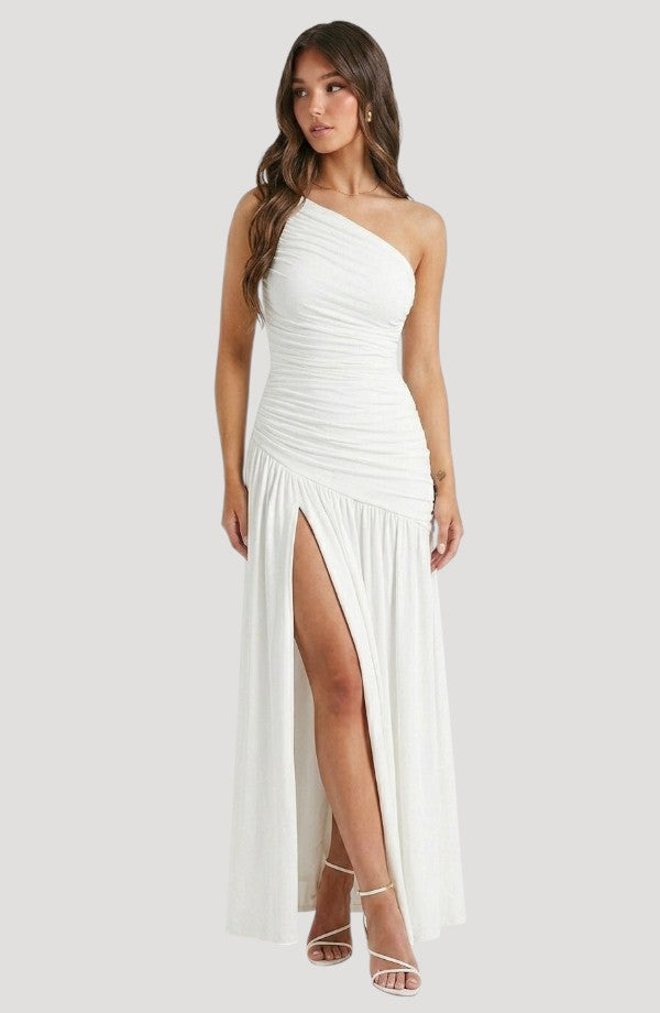 LORVENES white one-shoulder ruched maxi dress with a high slit and flowing skirt, perfect for formal events.
