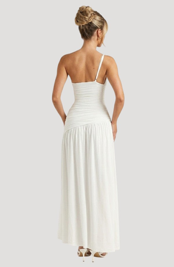 LORVENES white tulle puff frock with one-shoulder neckline and ruched bodice, floor-length skirt.