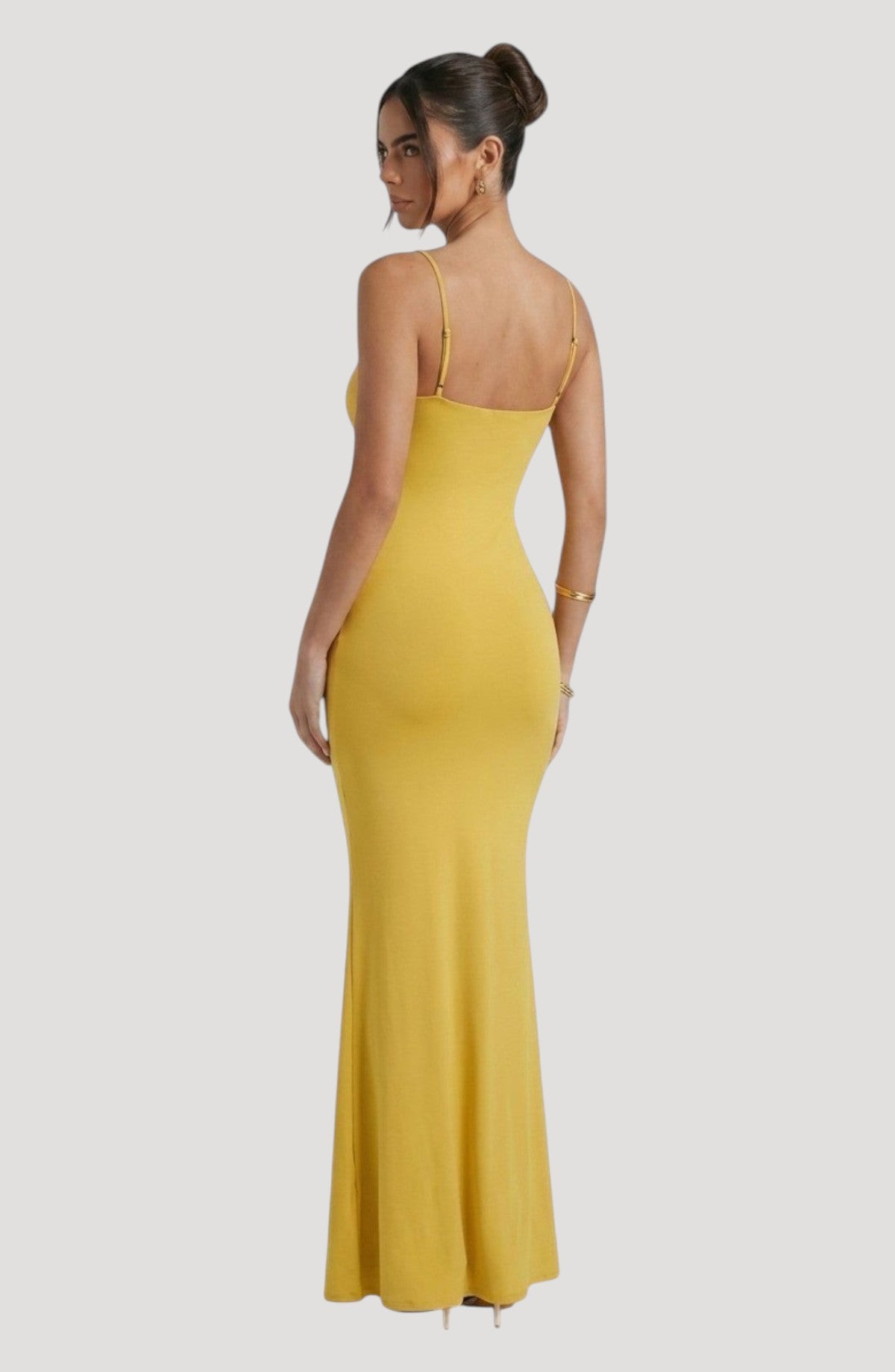 LORVENE Bold Shine yellow maxi dress with spaghetti straps and a flattering fit, perfect for evening wear.