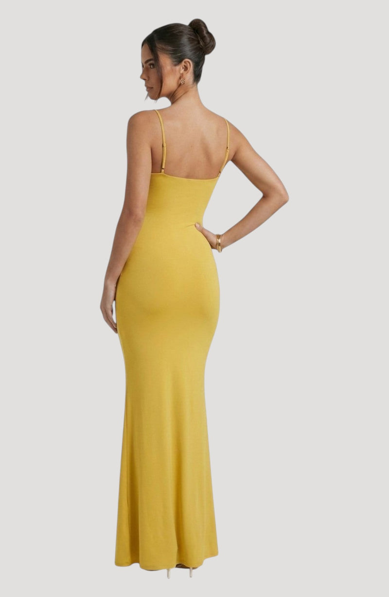 LORVENE Bold Shine yellow maxi dress with spaghetti straps and a flattering fit, perfect for evening wear.