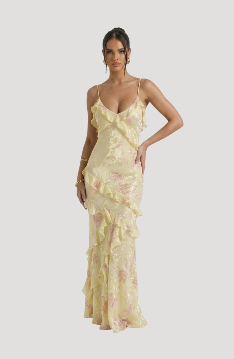 LORVENES yellow satin midi dress with pink floral print and ruffled tiers. Features spaghetti straps and a V-neckline.