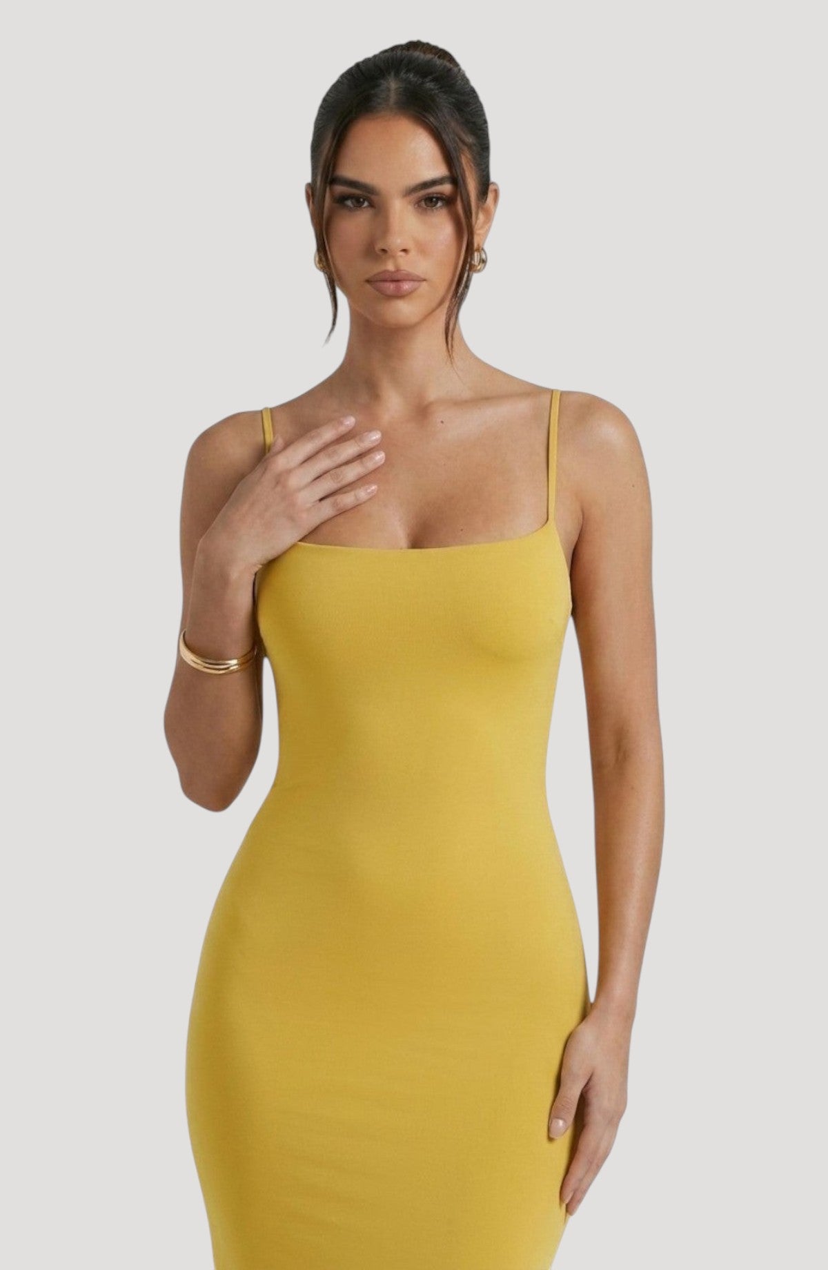 LORVENE Bold Shine yellow midi dress with spaghetti straps and a square neckline, designed for evening wear.