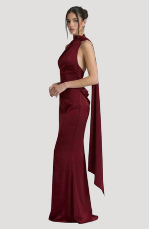 LORVENES Claret Satin Halter Evening Dress with crystal embellishments, featuring a sleek, elegant design and halter neckline.