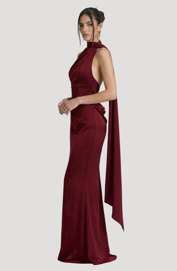 LORVENES Claret Satin Halter Evening Dress with crystal embellishments, featuring a sleek, elegant design and halter neckline.
