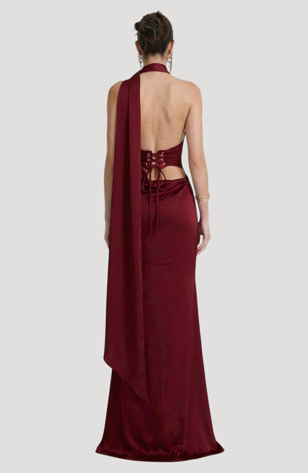 LORVENES Claret satin halter evening dress with crystal embellishments, shown from a full front view on a white background.