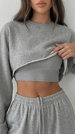 Lässiger Sweater-Anzug für Damen 2023 Mode Pullover Langarm Nabel-Sweater + Trägerhose mit geradem weitem Bein, dreiteiliges Set