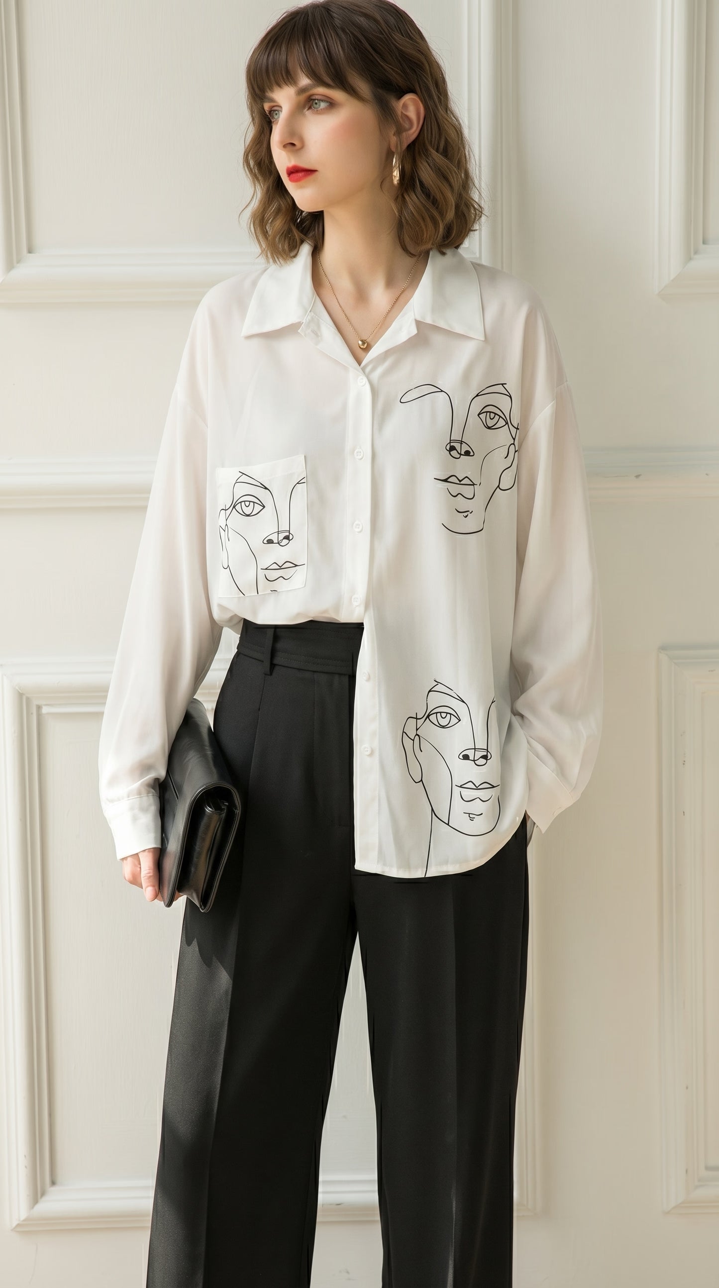 White LORVENE double pocket shirt with button-down design and long sleeves, displayed on a hanger.