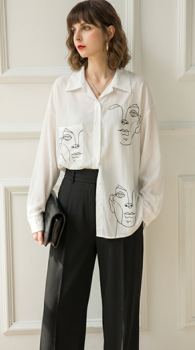 White LORVENE double pocket shirt with button-down design and long sleeves, displayed on a hanger.